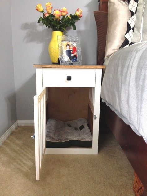 Nightstand Dog Crate, Nightstand Dog Bed, Dog Crate Bedside Table, Dog Crate Nightstand, Crate Nightstand Diy, End Table Dog Crate, Crate Bedside Table, Woodshop Diaries, Nightstand Diy