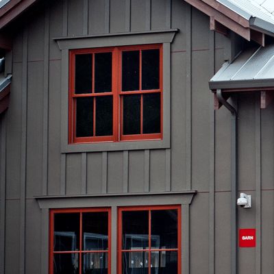 Hardie Board Exterior Ideas, Board And Batten With Horizontal Siding, Red Trim House Exterior, Red Windows Exterior, T 111 Siding Exterior, T111 Siding Exterior, Hardie Board Siding Ideas, Exterior Window Trim Ideas, Exterior Window Trim