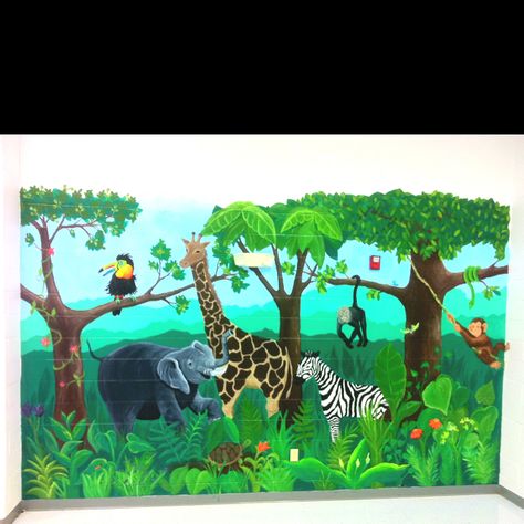 Jungle mural Secret Playroom, Jungle Baby Room, Jungle Theme Rooms, Kids Murals, Preschool Gymnastics, Animal Bedroom, Jungle Mural, Kids Room Murals, Classroom Wall Decor