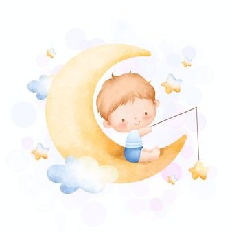 Dream Illustration, One Month Baby, Baby Illustration, Illustration Cute, Baby L, Baby Drawing, Moon Illustration, Hadith Quotes, Childhood Books