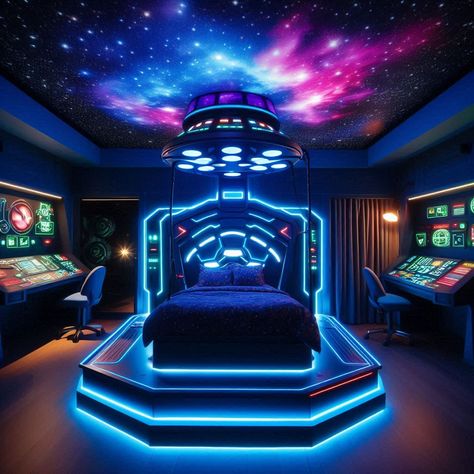 This space explorer’s bedroom is the perfect fusion of sci-fi and modern design, with a galaxy ceiling, spaceship walls, and a floating UFO bed. A cosmic retreat for dreamers! 🚀💙 #AstronautRoom #FuturisticAesthetic #NeonGalaxy Bedroom With Neon Lights, Spaceship Bed, Galaxy Ceiling, Astro Bot, Space Kids Room, Amazing Bedroom Designs, Space Explorer, Glow Stars, Bedroom Led