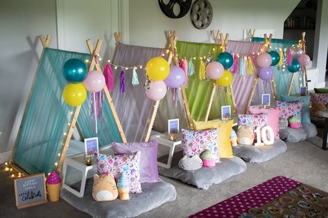 Sleepover Tents, Party Stations, Balloon Clusters, Teepee Party, Small Balloons, Small Lanterns, Personalised Frames, Book Party, Light Garland