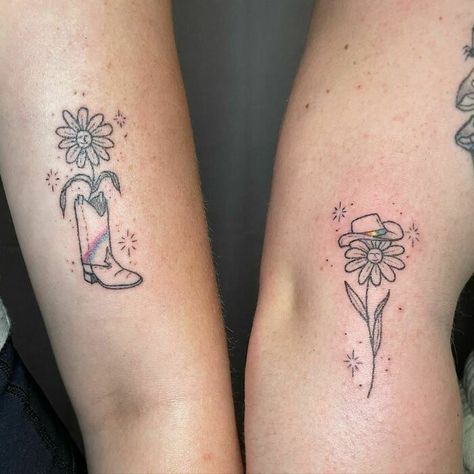 Small Best Friend Tattoos Country, Texas Matching Tattoos, Sister Tattoos Country, Plant Best Friend Tattoo, Cowboy Boot Matching Tattoos, Best Friend Cowboy Boot Tattoo, Country Bestie Tattoos, Matching Horse Tattoos For Best Friends, Country Matching Tattoos Best Friends