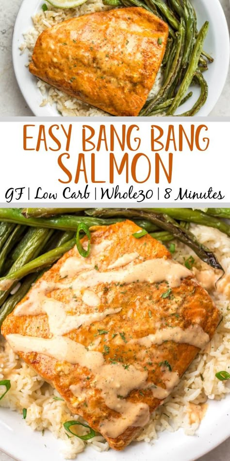 Bang Bang salmon with homemade Bang Bang sauce is both dairy free and gluten free. It takes about 10 minutes to cook and uses only a few easy ingredients. Made in the oven on a sheet pan, it's a breeze for cleanup and makes for an easy win for meal prep or dinner anytime. #homemadebangbangsauce #glutenfreesalmon #diaryfreesalmon #salmonrecipes #10minutemeals #bangbangsalmon Yummy Healthy Gluten Free Recipes, Gluten Free Dairy Free Dinner Recipes For Family, Keto Dinner Recipes Without Dairy, Whole Kitchen Sink Recipes, Salt Free Dairy Free Recipes, Low Carb Dinner Pescatarian, Salmon Recipes Non Dairy, Thm Salmon Recipes, Low Carb And Dairy Free Recipes