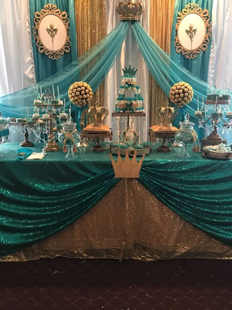 Baby shower little prince Dark Teal Quinceanera Theme, Teal And Gold Quinceanera Theme, Teal Quinceanera Theme, Teal Birthday Party Ideas, Main Table Quinceanera, Tiffany Blue Centerpieces, Teal Quinceanera Dresses, Blue Quinceanera Theme, 21st Cakes