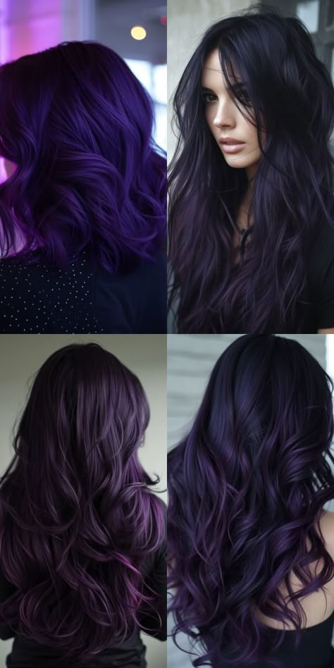 Purple Brunette Hair, Midnight Purple Hair, Violet Black Hair, Black And Purple Hair, Purple Pool, Purple Hair Ideas, Purple Hair Color Ideas, Purple Hair Color, Midnight Purple