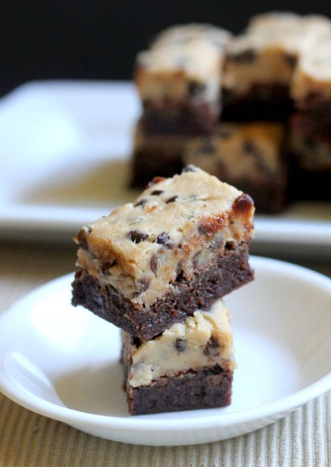 These two-layer Cookie Dough Brownies feature a rich, chewy chocolate brownie topped with eggless mini chocolate chip-filled cookie dough! Buttercream Brownies, Chewy Chocolate Brownies, Cookie Brownies, Cookie Dough Brownies, Brownie Toppings, Brownie Cookies, Chocolate Chip Cookie Dough, Yummy Sweets, Chocolate Chip Cookie