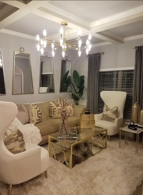 Beige Brown Gold Living Room, Taupe And Gold Living Room, Tan And Gold Living Room, Beige And Gold Living Room Ideas, Beige Living Room Modern, Modern Glam Living Room Luxury, Room Inspo Luxury, Gold And Silver Living Room, Beige And Gold Living Room