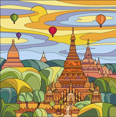 Temples of Bagan Myanmar Burma Coloring Pages By Number, Vintage Myanmar, Temple Drawing, April Art, Myanmar Art, Star Coloring Pages, Beautiful Butterflies Art, Disney Collage, Landscape Quilts