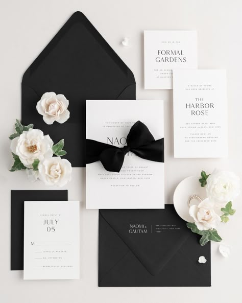 An accented, modern serif mixed with a simple sans serif creates a fresh and clean feel for these wedding invitations. Shown in black ink with an envelope liner in black and noir ribbon. --------------------------------------------------------------- ♥ PAPER AND PRINTING QUALITY ♥ Our wedding invitations are flat printed on the highest quality cardstock using a commercial press, resulting in bold saturated color and crisp text. Shine uses only the absolute best in printing and paper, giving our stationery a level of quality that is unmatched. You will have the option to choose from our four luxurious paper types: White Shimmer: 137lb - 350gsm - 17pt White Matte: 130lb - 350gsm - 18pt Ivory Matte: 130lb - 350gsm - 18pt Double Thick White Matte: 240lb - 648gsm - 36pt ------------------------ Black Tie Wedding Invitations, Wedding Invitations Modern, Black And White Wedding Theme, White Wedding Theme, Black And White Wedding Invitations, Block Font, Black Envelopes, White Wedding Invitations, Dark Wedding