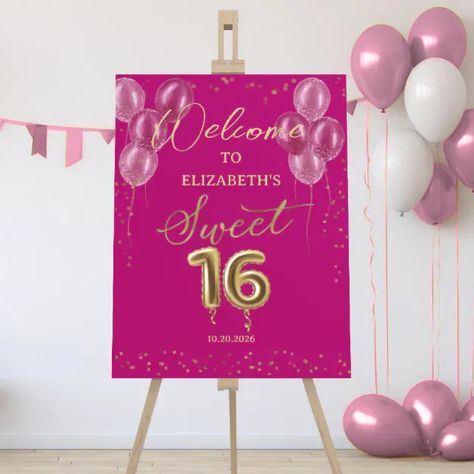 This charming Sweet 16 Balloons Welcome Sign brings fun to the front door. With its eye-catching gold foil and soft pink hues, this sign creates a stunning entrance to your celebration. Click here to see how you can make your party pop! Sweet 16 Balloons, Pink Welcome Sign, 16 Balloons, Party Entrance, Party Pops, Entrance Sign, Sweet 16 Parties, Create Sign, Sweet 16