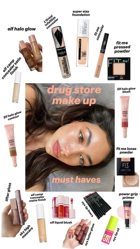 drug store makeup faves ~ nyx, maybelline, L’Oréal, elf Makeup Routines, My Makeup Bag, Simple Makeup Tips, Makeup Tuts, Skin Care And Makeup, Makeup Help, School Makeup, Makeup Needs, Makeup To Buy