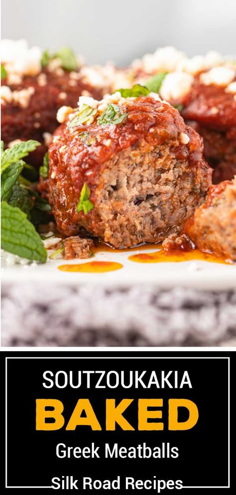 Soutzoukakia are Greek meatballs baked in tomato sauce. Make this baked meatball recipe for a delicious main dish or for a mezze platter. #GreekMezzePlatter #Soutzoukakia #GreekMeatballs What To Serve With Greek Meatballs, Mediterranean Meatball Recipes, Greek Meat Platter, Soutzoukakia Recipe, Greek Style Meatballs, Greek Meatballs With Tzatziki Sauce, Greek Meatballs With Feta, Keftedes Recipe Greek Meatballs, Greek Meatballs Recipe