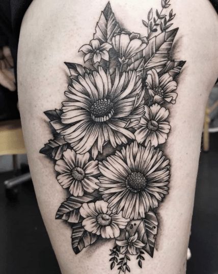 Best 100 Daisy Tattoo Designs in 2020 - Tattoo Stylist Gerbera Daisy Shoulder Tattoo, Gerber Daisy Tattoo Sleeve, Dark Daisy Tattoo, Daisy Sleeve Tattoo Black And White, Big Daisy Tattoo, Crazy Daisy Tattoo, Daisy Sleeve Tattoo, Gerber Daisy Tattoo, Gerbera Daisy Tattoo