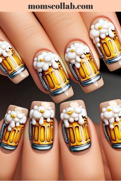 Whether you’re toasting with friends or enjoying a quiet night in, these nail art ideas are the perfect way to show off your love for beer. Beer Nail Designs, Oktoberfest Nails, Beer Nails, Vampire Makeup Halloween, January Nail Designs, National Beer Day, Duff Beer, Beer Label Design, Heart Nail Designs