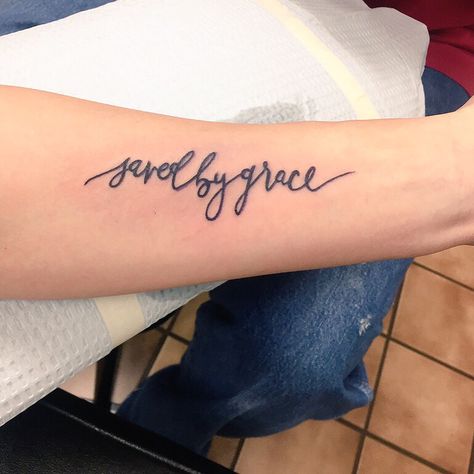 Saved by Grace ✝ Grace And Grit Tattoo, Saved By Grace Tattoo, Redeemed Tattoo, Faith Foot Tattoos, Grace Tattoos, Verse Tattoos, Faith Tattoo, Saved Tattoo, Foot Tattoos For Women