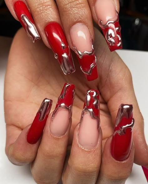 Dark Red And Silver Nails, Red And Silver Nails, Red Chrome Nails, Artistic Nails, Dark Nail, Punk Glam, Red Chrome, Chrome Nails Designs, Punk Nails