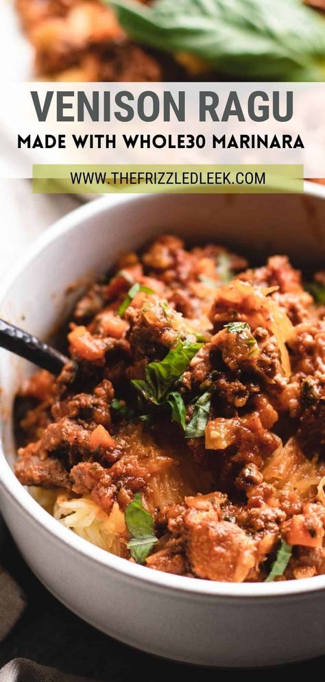 This Venison Ragu recipe is perfect for weeknight dinners served over top of spaghetti squash. It's Whole30-approved, dairy-free, gluten-free, and Paleo too. Deer spaghetti sauce is in our Whole30 menu rotations because it freezes well and tastes great reheated! You can make ragu in a slow cooker or an Instant Pot too. Venison Ragu, Venison Spaghetti, Aesthetic Food Wallpaper, Healthy Bolognese Sauce, Easy Whole 30 Recipes, Ragu Recipe, Healthy Paleo Recipes, Venison Recipes, Whole30 Recipes