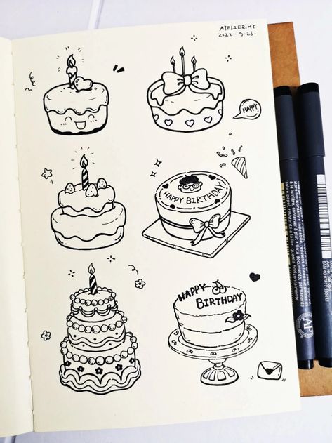 Food Drawings Sketches, Cake Doodle Drawing, Cake Sketch Drawings, Cake Illustration Art, Cake Drawing Aesthetic, Birthday Art Drawings, Food Drawing Sketches, Cake Doodle, Birthday Cake Drawing