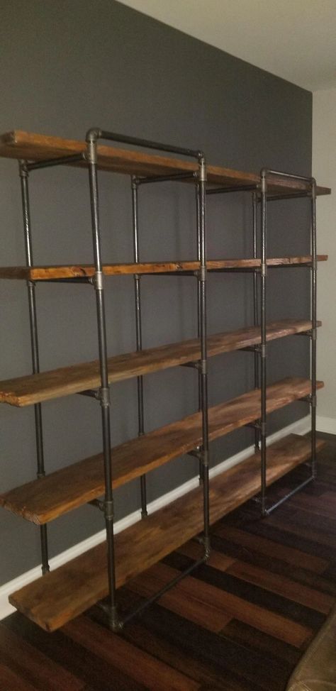 Build Industrial Bookshelf, Diy Industrial Shelves Bookcases, Diy Industrial Bookcase, Industrial Book Shelf Ideas, Industrial Shelves Diy, Industrial Shelving Ideas, Industrial Built In Shelves, Industrial Display Shelves, Industrial Style Shelving