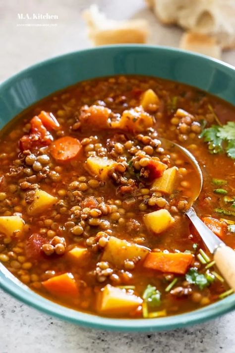 Spanish Lentil Soup, Mexican Lentil Soup Recipe, Soup With Chorizo, Lentil And Bacon Soup, Lentil Kale Soup, Bacon Soup Recipes, Tomato Lentils, Canned Lentils, Homemade Corn Tortillas