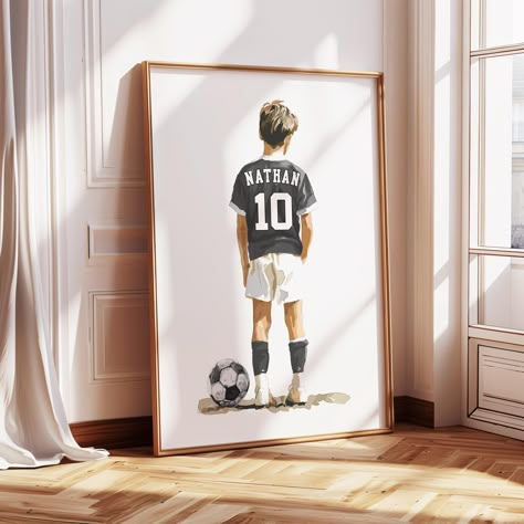 Our personalized soccer wall art prints are the perfect addition to any soccer fans collection! This unique watercolor inspired soccer print features a high-quality print perfectly suited for boys bedroom decor. This soccer wall art print make for the ideal soccer gift for the soccer fan in your life. 🎨D E T A I L S🎨 * Includes 1 print in an A4 file size, delivered via Etsy downloads. * Custom sizes may be available upon request. 🎨H O W ∙ T O ∙ O R D E R🎨 * Simply use the 'Personalization Box' to let us know what name, number and color you would like on your print. 🎨H O W ∙ T O ∙ D O W N L O A D🎨 * Use a computer or laptop and go to Etsy. * Click 'My Account' and then 'Purchases'. * Click 'Download Files'. 🎨H O W ∙ T O ∙ P R I N T🎨 * Print at home using quality photo paper. * Print Soccer Room Ideas For Boys, Bedroom Cool Ideas, Soccer Kids Room, Boys Soccer Bedroom, Soccer Bedroom Decor, Football Bedroom Decor, Bedroom Football, Soccer Bedroom, Sports Room Boys