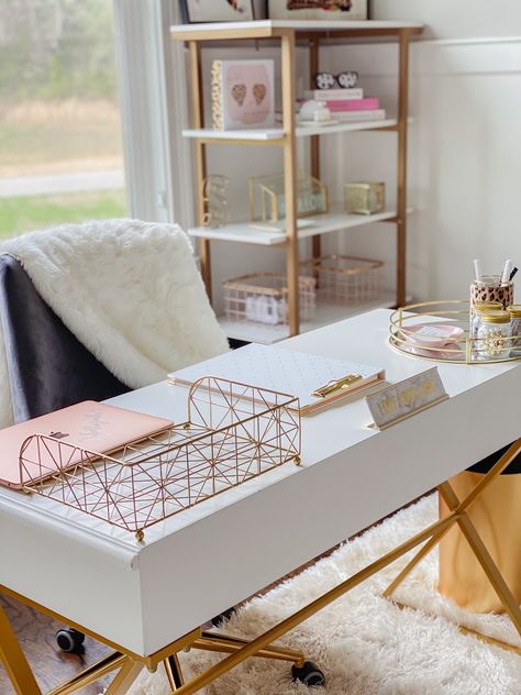 Home Office - Styled by Sonika Gold White And Pink Office, Home Office White And Gold, High Fashion Office Decor, White Gold Office Ideas, Office Decorating Ideas For Work Women, White And Gold Office Ideas, White And Gold Office Decor, Cute Office Ideas, White And Gold Office