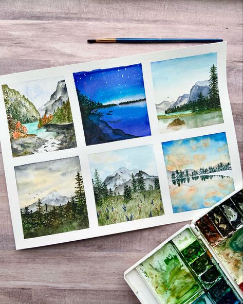 Mini Landscape Watercolor, Tiny Watercolor Landscapes, Mini Watercolor Painting, Mini Watercolour Painting, Mini Watercolor Landscape, Tiny Watercolor Paintings, Simple Watercolor Landscape, Watercolors Landscapes, Cabin Birthday