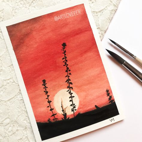 Red Watercolor Art, Red Sky Drawing, Red Watercolor Painting, Red Sky Painting, Red Sunset Painting, Watercolour Art Aesthetic, Watercolor Scenery, Watercolor Paintings Nature, Sunrise Art