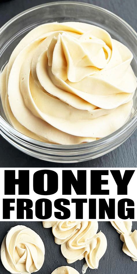 Quick and easy HONEY FROSTING recipe, homemade with simple ingredients. This cream cheese buttercream frosting has no powdered sugar. It's perfect for spreading and piping swirls on cakes and cupcakes. It has a tangy flavor with hints of vanilla and cinnamon spice. From CakeWhiz. Cream Cheese Frosting With Honey, Honey Butter Cream Frosting, Cream Cheese Honey Frosting, Apple Buttercream Frosting, Honey Frosting Recipe, Icing Flavor Ideas, Simple Cake Icing Recipe, Diy Cake Frosting Easy, Not Sweet Frosting