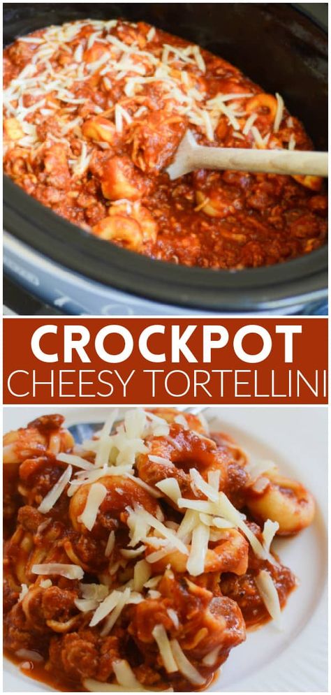 Slow Cooker Cheesy Tortellini - cheese tortellini with ground turkey, pasta sauce, and 2 kinds of cheese all cooked in the slow cooker! A family favorite! Cheese Tortellini In Crockpot, Slow Cooker Cheesy Tortellini, Crockpot Cheesy Tortellini, Cheese Tortellini Recipes Crockpot, Crockpot Cheese Tortellini, Turkey Pasta Sauce, Tortellini Recipes Crockpot, Slow Cooker Tortellini, Crockpot Tortellini