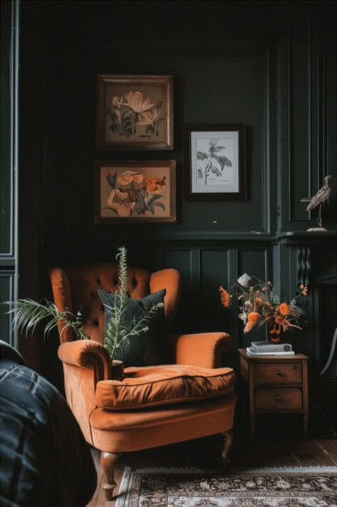 Dark Moody Victorian Bedroom, Moody Cottage Core Living Room, Moody Cottage Decor, Moody Whimsical Interior, Moody Cottagecore Aesthetic, Moody Cottagecore Bedroom, Dark Moody Rooms, Moody Studio Apartment, Dark Eclectic Decor