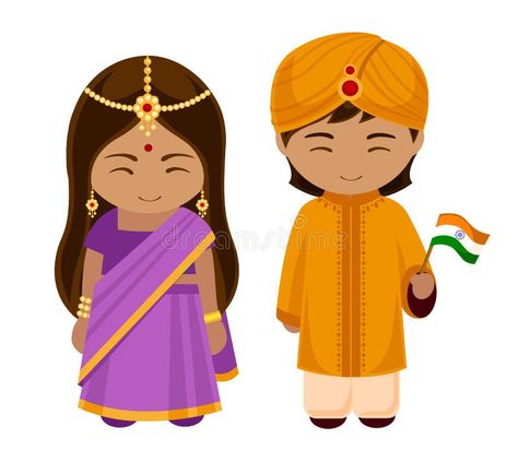 Illustration about Indians in national dress with a flag. a man and a woman in traditional costume. Cartoon characters. Vector illustration. Illustration of india, original, people - 123770447 Traditional Dresses Indian, Indian Character, India Traditional Dress, Orang India, India For Kids, Culture Day, National Clothes, Indian People, Country Fair