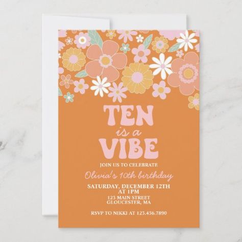 $2.04 | Ten is a vibe Groovy Retro Floral 10th birthday - retro, daisy, boho, girl, flowers, floral, burnt orange, ten is a vibe, 10th birthday, groovy 10th Birthday Invitation, 98th Birthday, Boho Fonts, Baby Birthday Decorations, 2nd Birthday Invitations, Retro Birthday, Groovy Retro, Birthday Supplies, Birthday Template