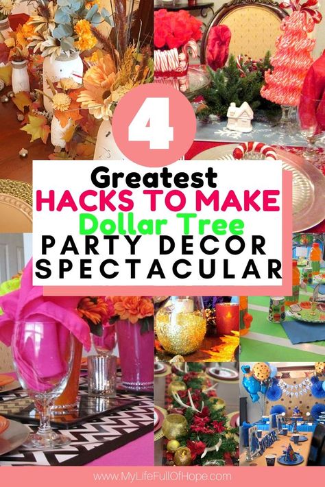 Sharing 4 of my effortless ways to make your dollar store decorations for parties, birthdays, events, or holiday decor look spectacular on a budget. With these tips, you will be able to decorate a show stopping table, room, hall or any space with a high end look for all of your entertaining needs. Tips and hacks your Dollar Tree party finds will be used in a variety of ways, saving you money time and time again. #budget #partydecorideas #dollarstore #dollartree #hacks #entertaining #party Decorate A Table For A Party, Dollar Store Brunch Decor, Dollar Tree Buffet Table, Dollar Store Party Hacks, Dollar Tree Party Centerpieces, Decorate Restaurant Table For Birthday, Table Decorations For Party Birthday Easy Diy Centerpieces, Dollar Tree Party Decor, Diy Table Decorations For Party