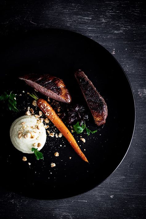 Cherry Glazed Duck Breast, Celeriac Puree, Roasted Carrot & Hazelnuts Celeriac Puree, Cherry Glaze, Roasted Carrot, Roasted Fennel, Beef Fillet, Duck Breast, Potato Puree, Fine Dining Recipes, Duck Recipes