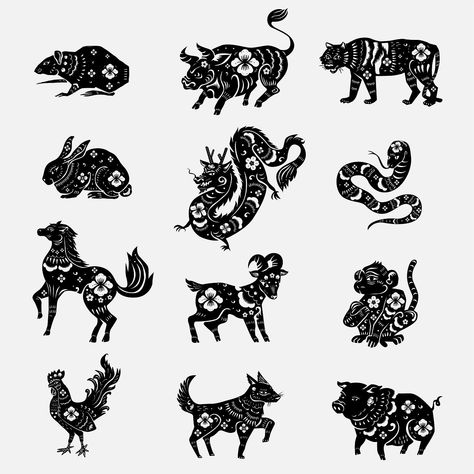 Chinese animal zodiac psd black new year stickers collection | premium image by rawpixel.com / Yanin Metal Dragon Chinese Zodiac, Year Of The Dragon Illustration, Dragon Chinese Zodiac Tattoo, Year Of The Horse Tattoo, Chinese New Year Animals, Chinese New Year Monkey, Chinese Zodiac Tattoo, Horse Zodiac, Chinese Zodiac Animals