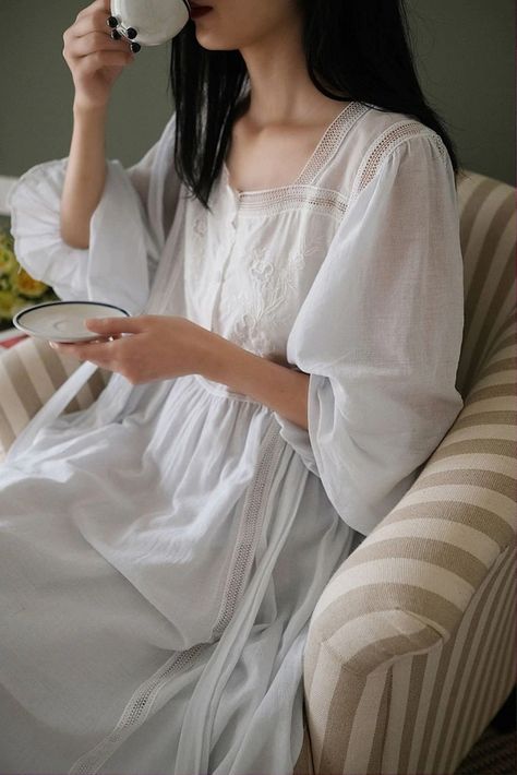 Nighties For Women Nightwear, Edwardian Chemise, White Cotton Nightgown, Victorian Nightgown, Cotton Nighties, White Nightgown, Bridal Nightgown, Comfortable Loungewear, Bridal Women