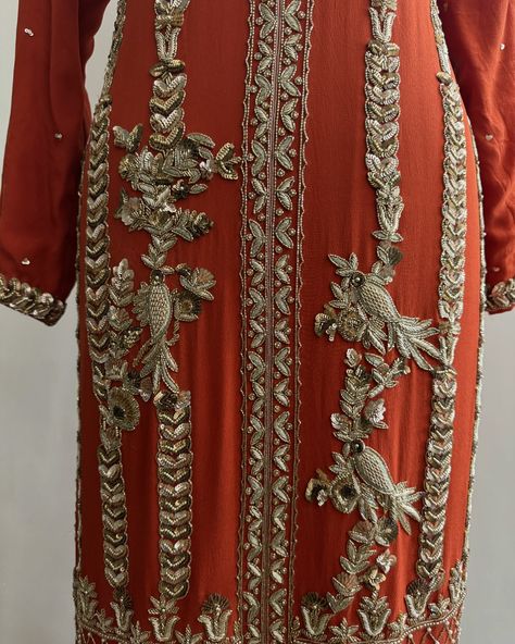 This mesmerising beauty is hand crafted by our dedicated craftsmen who are continuously keeping the *Punjabi tradition* of embroidery, alive. The conscious use of Dabka, sippi, Gota and Moti Are used in this outfit to give it a rich heritage look. This one goes out to a very special client in USA 🇺🇸 who is going to adore this beautiful outfit for a family wedding with the rust colour theme. This beautiful suit can also be graced by new brides to be in their wedding trousseau ~ Can be cus... Wedding Trousseau, Rust Colour, Colour Theme, Suits Design, Beautiful Suit, Embroidery Suits Design, Embroidery Suits, Family Wedding, Rust Color