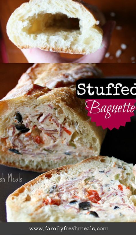 Stuffed Baguette Recipe Family Fresh Meals #appetizer #stuffedbread #bread #familyfreshmeals via @familyfresh Things To Do With A Baguette, Stuffed Baguette Recipe Appetizers, Baggett Recipe, Baguette Appetizer, Stuffed Baguette, Super Easy Appetizers, Baguette Recipe, Gourmet Appetizers, Family Fresh Meals