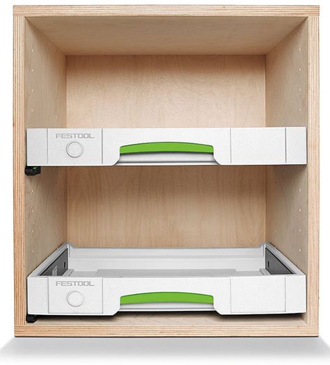 Festool has come out with a new drawer module designed to make it easier than ever for Systainer users to build their own Systainer Ports and tool cabinet systems. Cabinet Systems, Drawer Tower, Paulk Workbench, Festool Systainer, Drawer Set, Woodworking Lamp, Van Racking, Woodworking Organization, Woodworking Garage