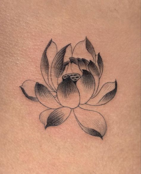 fine line tattoo of a lotus flower Korean Lotus Tattoo, Nana Ren Flower Tattoo, Cute Tattoos Flower, Nana Lotus Tattoo, Ren Tattoo, Nana Tattoo, Character Customization, Tulip Tattoo, Nana Anime