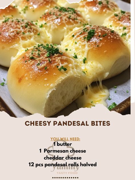 🧀🥖 Looking for a delicious snack? Try these Cheesy Pandesal Bites for a cheesy twist on a classic favorite! 🤤 Cheesy Pandesal Bites Ingredients: - 12 pcs pandesal rolls, halved - 1 cup shredded cheddar cheese - 1/2 cup grated Parmesan cheese - 1/4 cup butter, melted - 2 cloves garlic, minced - 1/4 cup chopped parsley Instructions: 1. Preheat oven to 350°F. 2. Place pandesal halves on a baking sheet. 3. In a bowl, mix cheddar and Parmesan cheese. 4. Brush pandesal with melted butter, then s... Pandesal Recipe, Cozy Fall Recipes, Shredded Cheddar Cheese, Festive Drinks, Hearty Soups, Parmesan Cheese, Grated Parmesan Cheese, Savoury Dishes, Baking Sheet