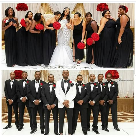 Red And Black Bridal Party, Black And Red Wedding Party Attire, Grey And Red Wedding Theme, Black Bridesmaid Dresses Red Flowers, Black White And Red Wedding Theme, Red White Black Wedding, Red Black White Wedding, Red Rose Wedding Theme, Black White Red Wedding