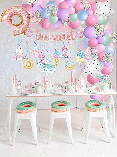 30 Days Return Policy Fast Delivery Trusted seller Two Sweet Birthday Party Decorations, Donut Decoration, Baby Second 2nd Product Description Two Sweet Birthday Decorations for Girl - Package include: TWO SWEET banner, TWO SWEET cake topper, 98pcs donut balloon garland set(90pcs latex balloons + 2pcs star balloons + 1pcs giant number 2 balloons + 1pcs giant donut foil balloon + 3pcs balloon garland tools + instruction), 9pcs donut hanging swirls, 2pcs poster, 1pcs two sweet birthday crown. Drea Two Sweet Birthday Party, Sweet Birthday Party, Two Sweet Birthday, 2nd Birthday Party For Girl, Grown Up Parties, Donut Decorations, Sweet Decoration, 2nd Birthday Party Themes