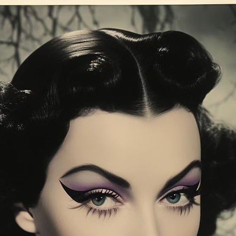 Fantastic Retro on Instagram: "🖤💜 Some dark vibes before Christmas time...😄 #ai #aiart #aiartwork #aigenerated #aiartcommunity #midjourney #midjourneyart #vintage #retro #spooky #halloweeneveryday #creepy #horrorart #digitalart #generativeart #promptography #synthography #1950s" Classic Halloween Makeup, 50s Goth Makeup, Spooky Doll Makeup, Vintage Goth Makeup, Psychobilly Makeup, 1950s Makeup Look, Hawaiian Goth, 50s Witch, Pinup Makeup Vintage