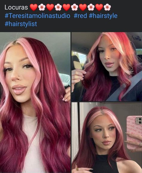 Red Violet And Pink Hair, Red Pink Ombre Hair, Cherry Red Hair With Highlights, Two Toned Pink Hair, Blue Eyes Fair Skin Hair Color Ideas, Dark Red And Pink Hair, Valentines Hair Color, Maroon And Pink Hair, Pink Halo Hair