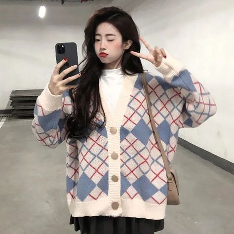 Porstina - V-Neck Argyle Button-Up Knit Cardigan Sweater Rajut, Cute Cardigans, Oversize Knit, Winter Coats Jackets, Korean Beauty, Jacket Outfits, Travel Size Products, Knit Cardigan, Sweater Outfits