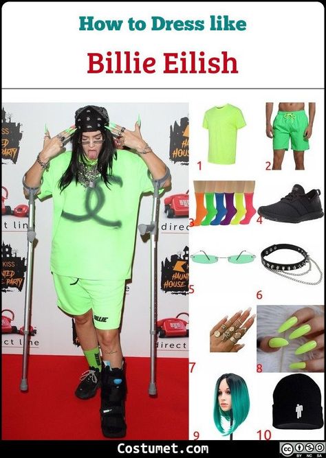 Billie Eilish costume is a neon green baggy shirt, neon green baggy shorts, and a black beanie over her green ombre hair.            #Personality #icon #female #personality #artist #greenhair #singer Billie Eilish Costume Ideas, Billie Eilish Halloween Costume, Billie Eilish Costume, Neon Green Shorts, Billie Eilish Merch, Billie Eilish Outfits, Baggy Shirt, Spiderman Costume, Trendy Halloween Costumes