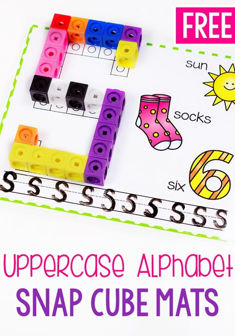 These uppercase alphabet snap cube mats are the perfect free printable letter activity for kindergarten. Practice writing letters, work on beginning sounds and form each letter with the snap cubes! #alphabetactivity #kindergartenprintable Free Unifix Cube Printables, Snap Cube Letters Free, Letter T Hands On Activities, Mathlink Cubes Printables, Snap Cube, Letter Activity, Alphabet Centers, Snap Cubes, Alphabet Activity